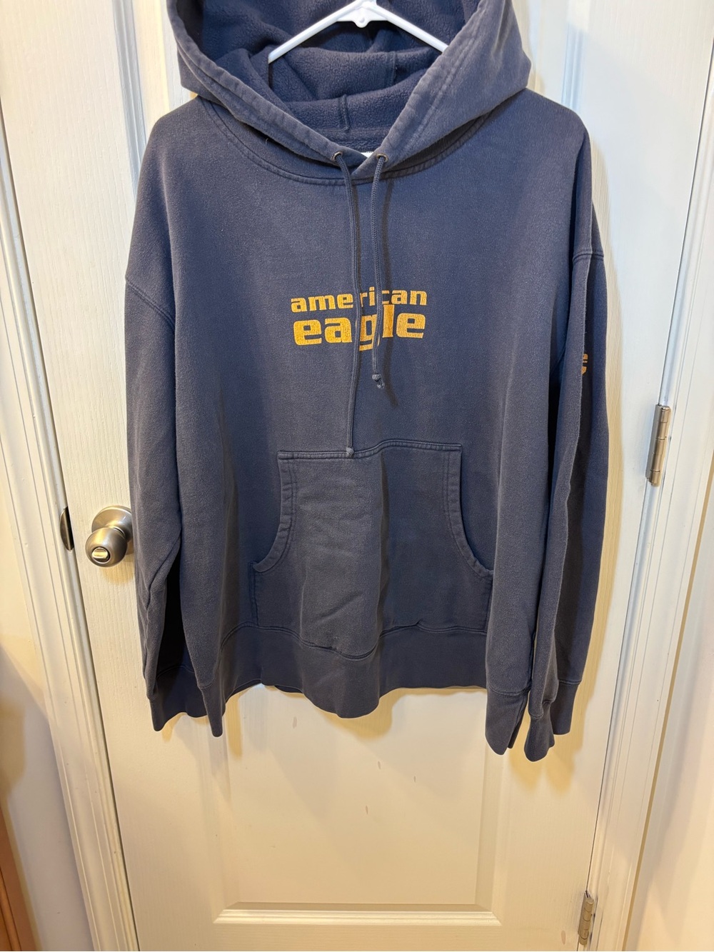 American Eagle Outfitters Navy Pullover Hoodie with Yellow Logo oversized